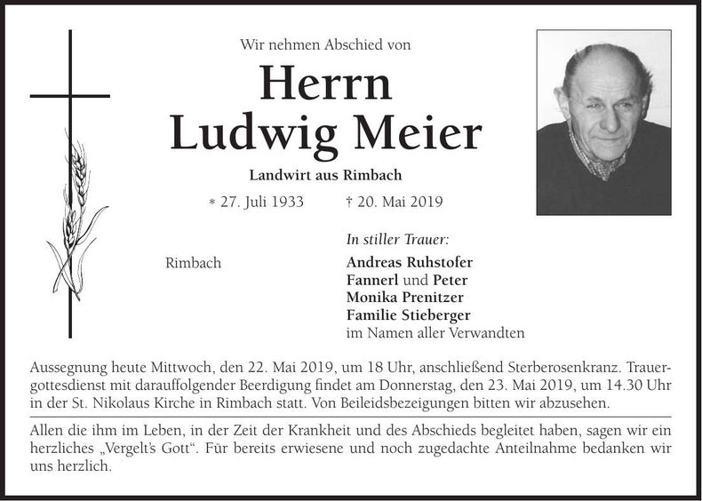 Traueranzeige Ludwig Meier