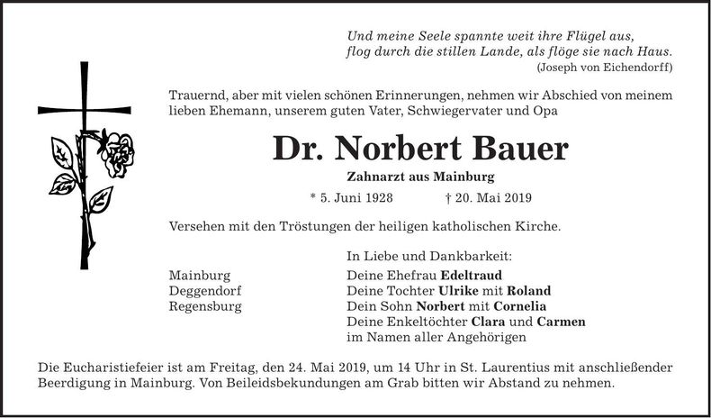 Traueranzeige Dr. Norbert Bauer