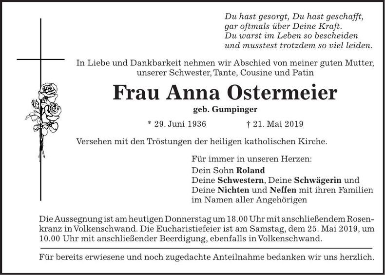 Traueranzeige Anna Ostermeier