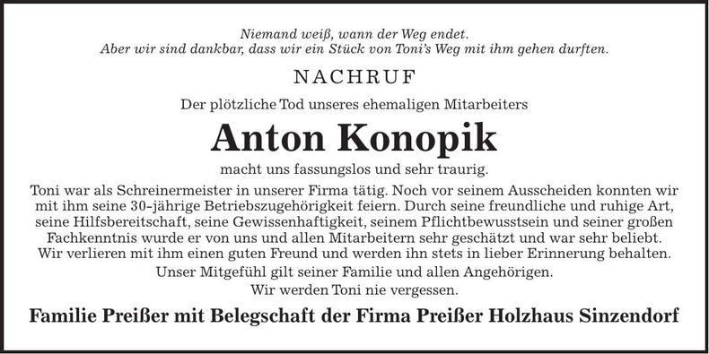 Traueranzeige Anton Konopik