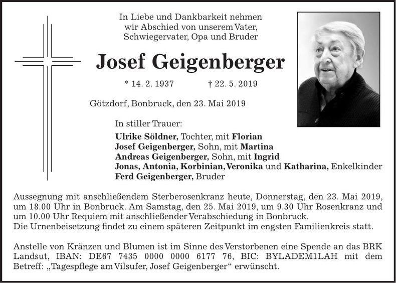 Traueranzeige Josef Geigenberger