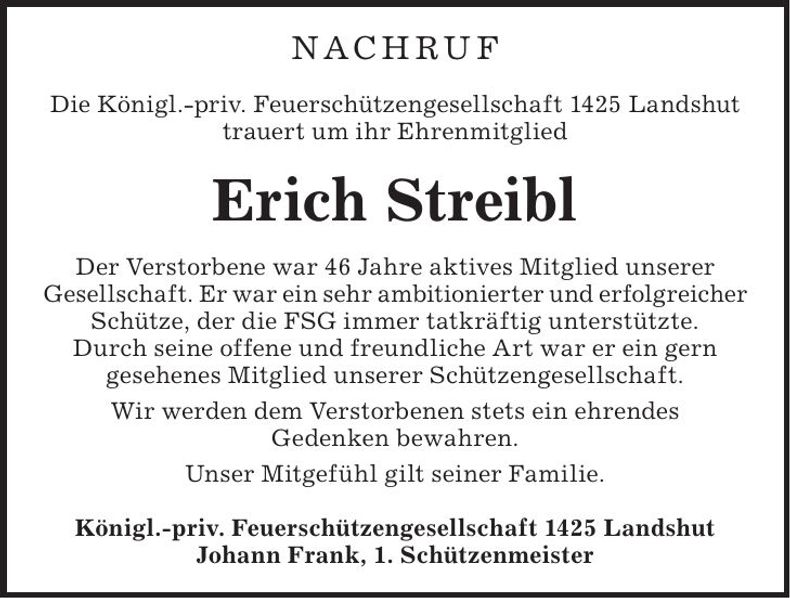 Traueranzeige Erich Streibl