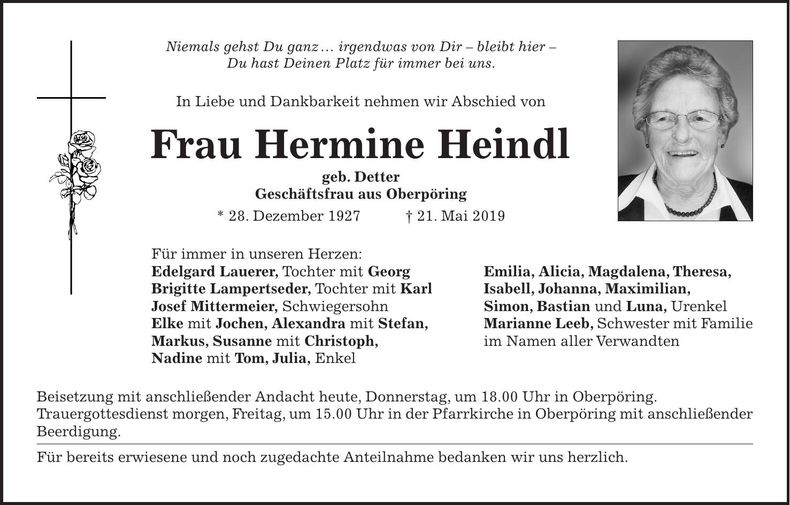 Traueranzeige Hermine Heindl