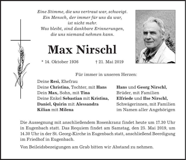 Traueranzeige Max Nirschl