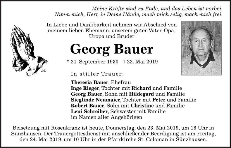 Traueranzeige Georg Bauer