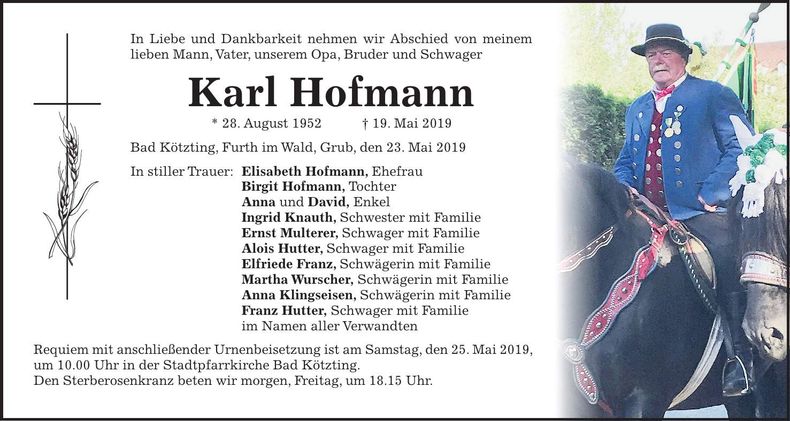 Traueranzeige Karl Hofmann