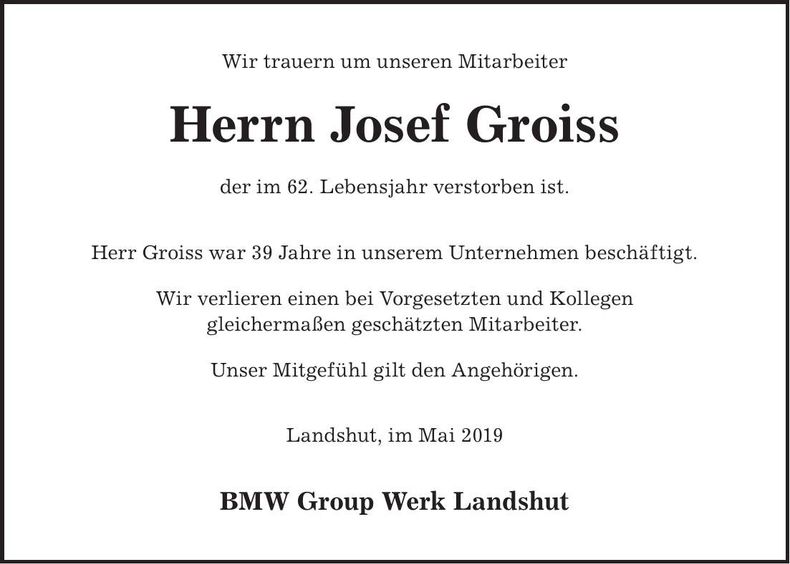 Traueranzeige Josef Groiss