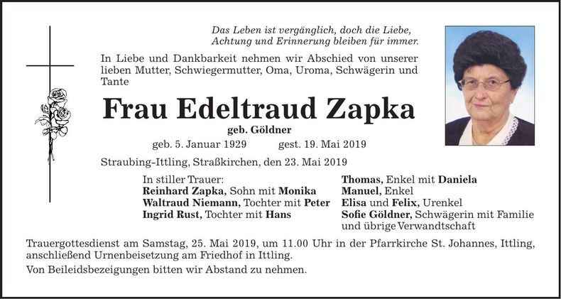 Traueranzeige Edeltraud Zapka