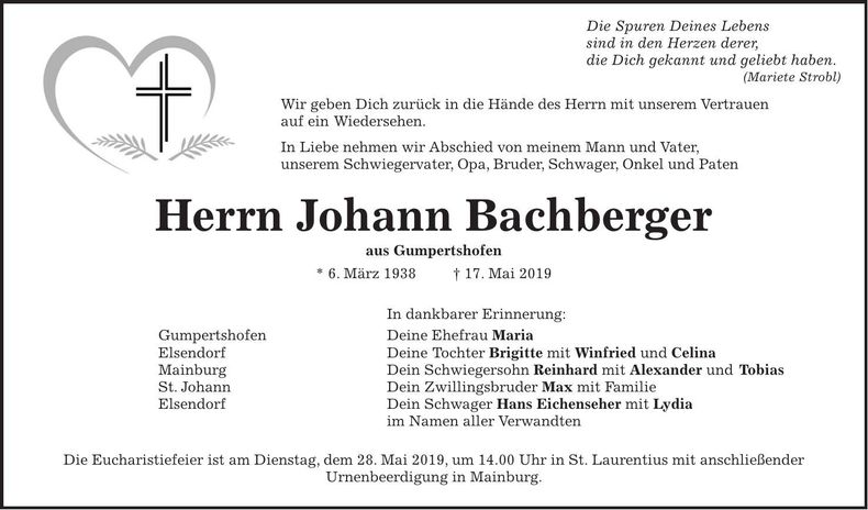 Traueranzeige Johann Bachberger