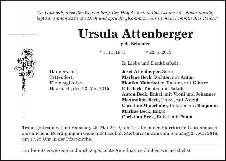 Traueranzeige Ursula Attenberger
