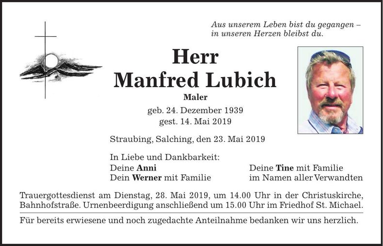 Traueranzeige Manfred Lubich