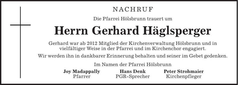 Traueranzeige Gerhard Häglsperger