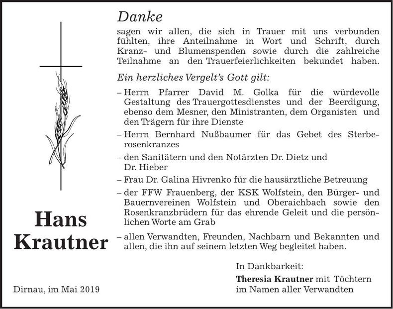 Traueranzeige Hans Krautner