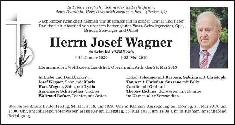 Traueranzeige Josef Wagner