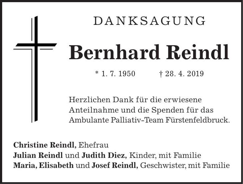 Traueranzeige Bernhard Reindl