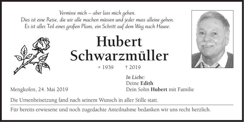 Traueranzeige Hubert Schwarzmüller