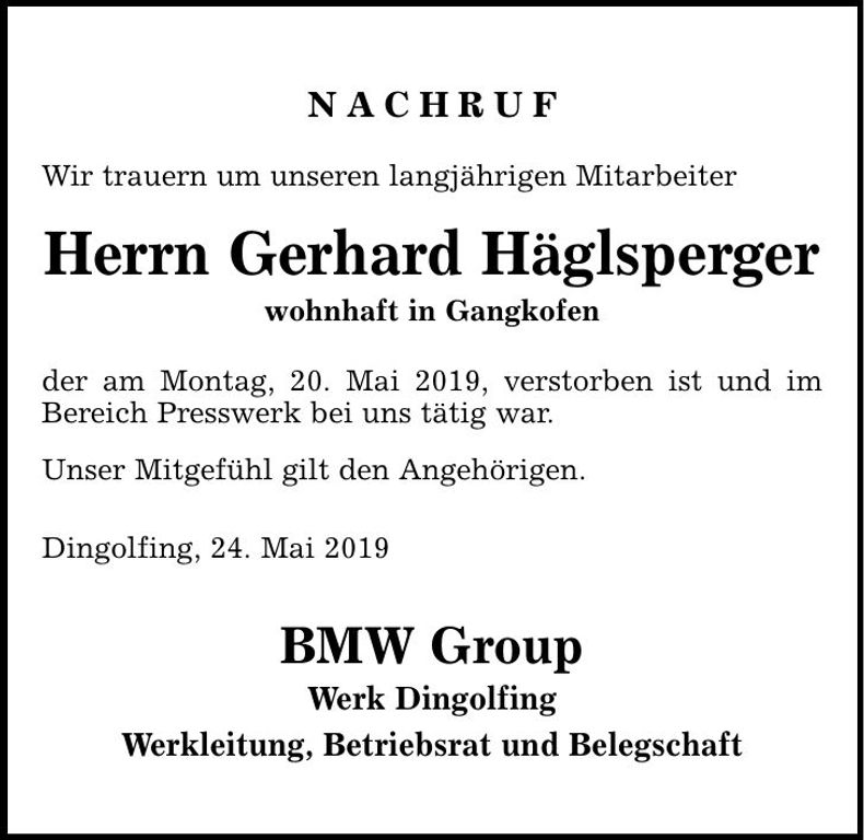 Traueranzeige Gerhard Häglsperger