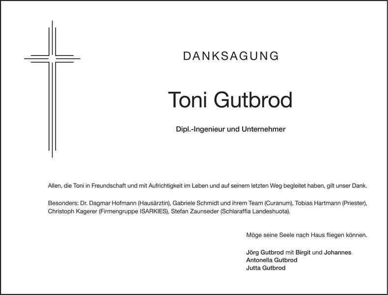 Traueranzeige Toni Gutbrod