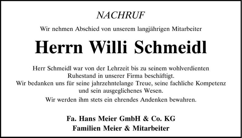 Traueranzeige Willi Schmeidl