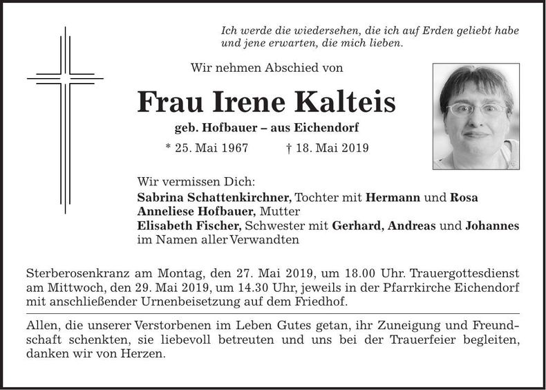 Traueranzeige Irene Kalteis