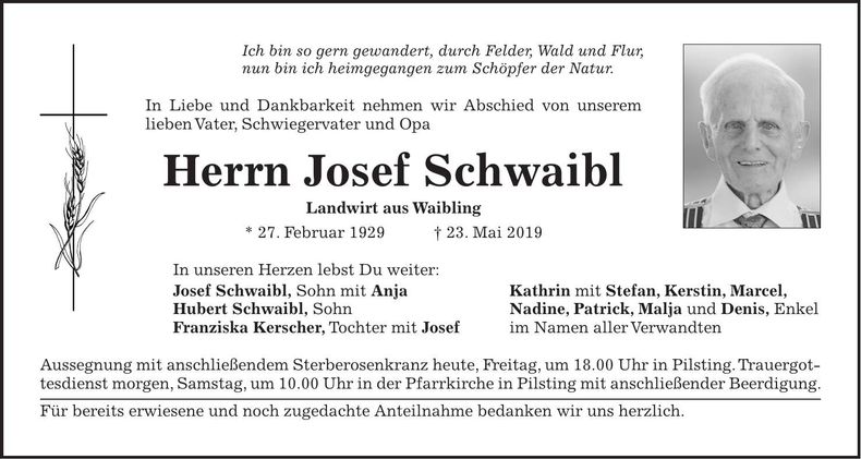 Traueranzeige Josef Schwaibl