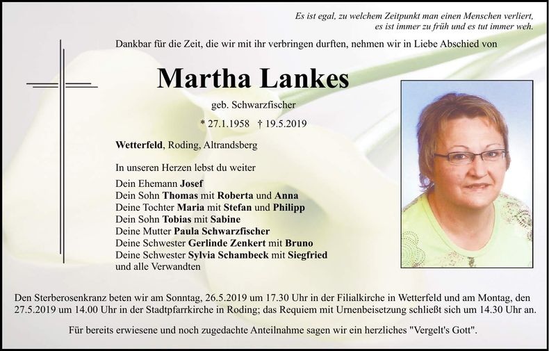 Traueranzeige Martha Lankes