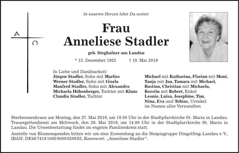 Traueranzeige Anneliese Stadler