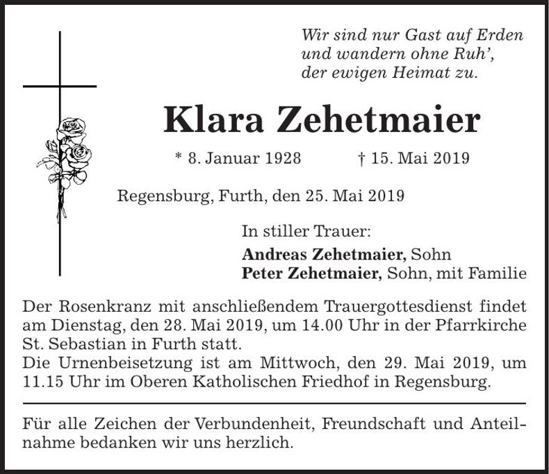 Traueranzeige Klara Zehetmaier
