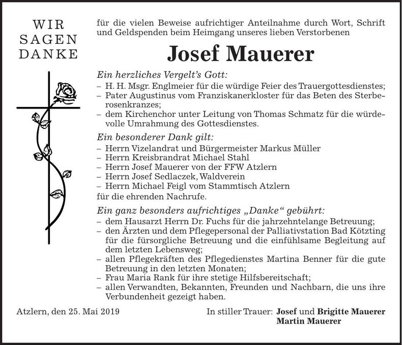 Traueranzeige Josef Mauerer