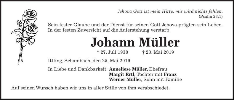 Traueranzeige Johann Müller
