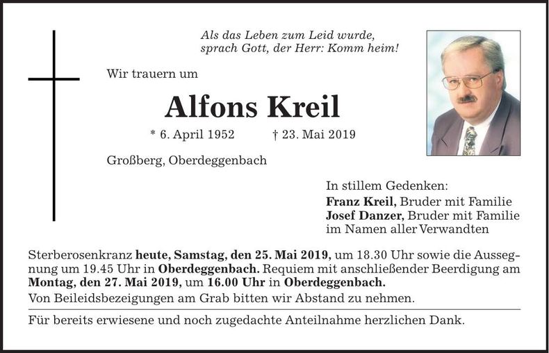 Traueranzeige Alfons Kreil