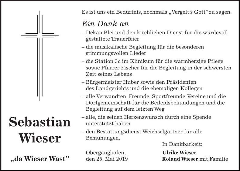 Traueranzeige Sebastian Wieser