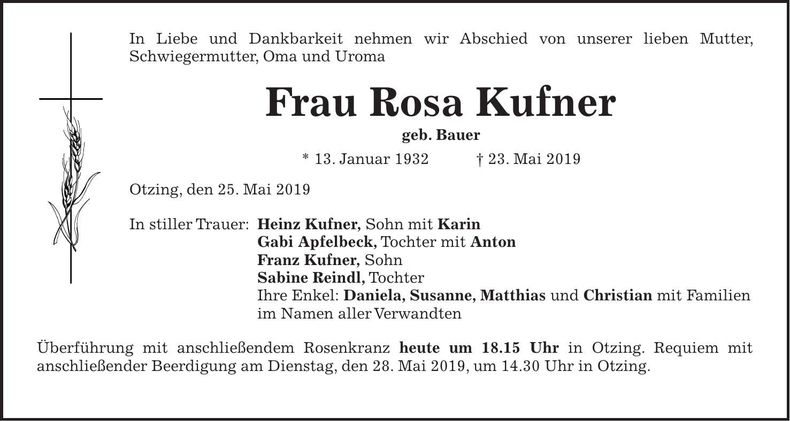 Traueranzeige Rosa Kufner