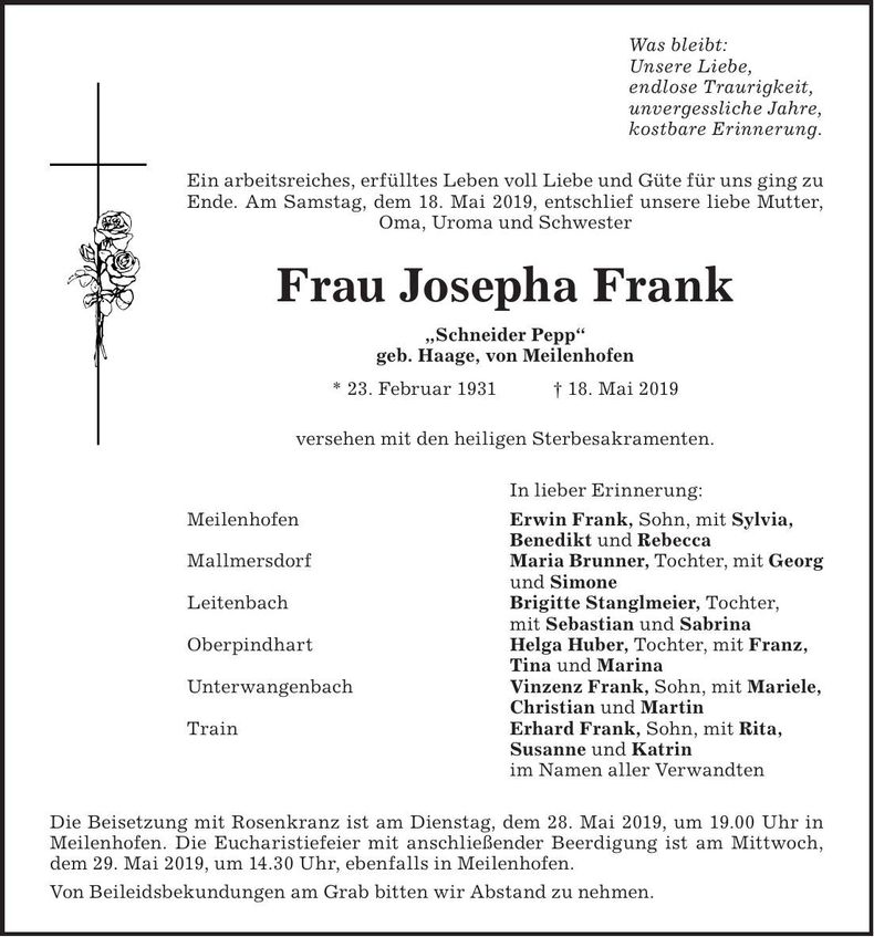 Traueranzeige Josepha Frank