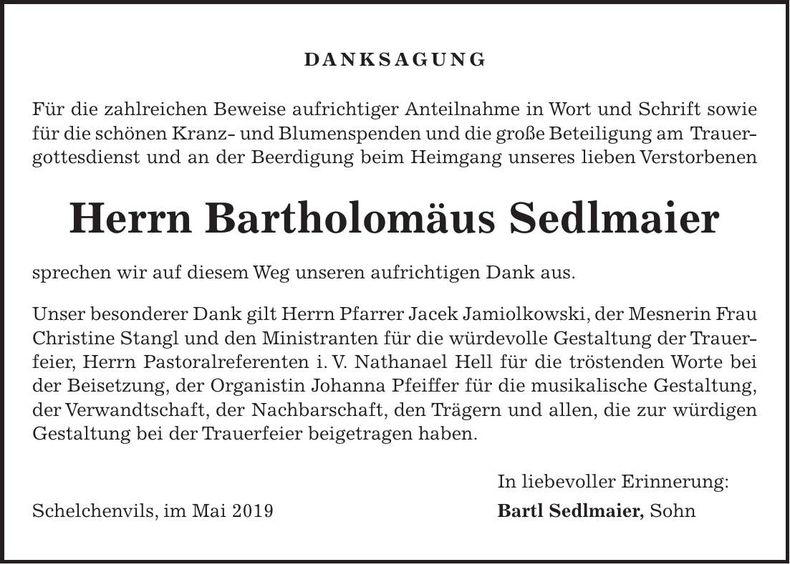 Traueranzeige Bartholomäus Sedlmaier