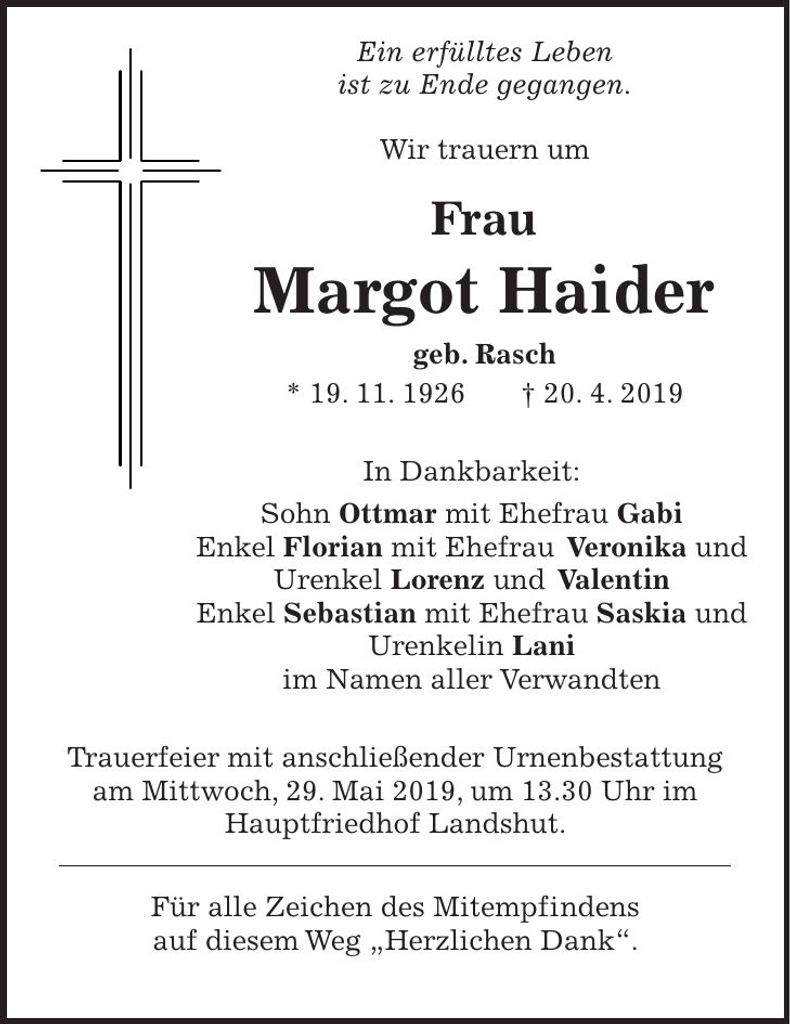 Traueranzeige Margot Haider