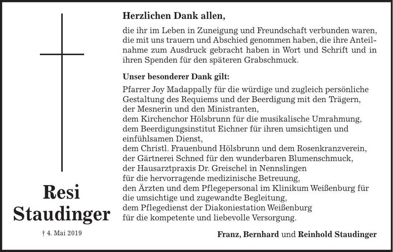 Traueranzeige Resi Staudinger