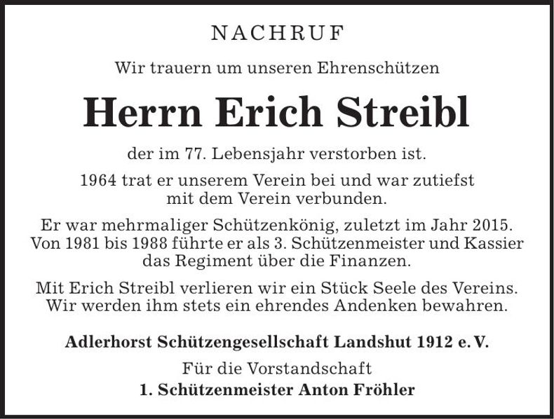 Traueranzeige Erich Streibl
