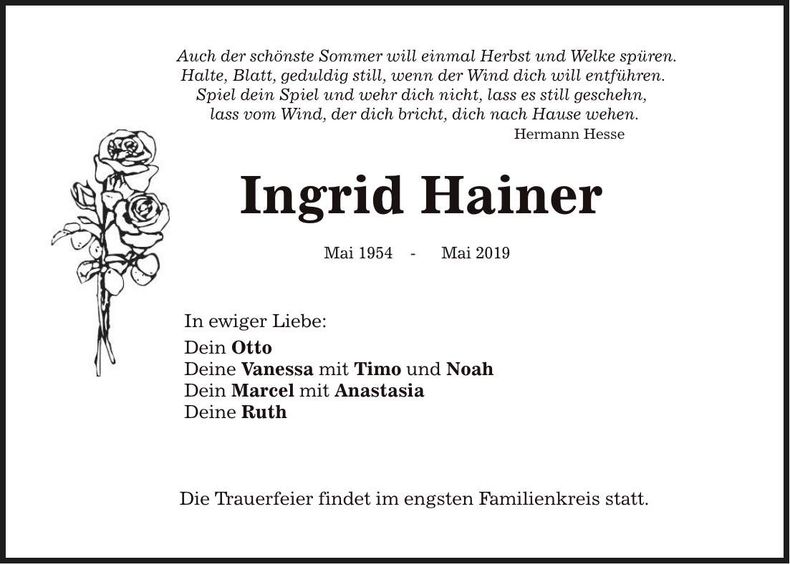 Traueranzeige Ingrid Hainer