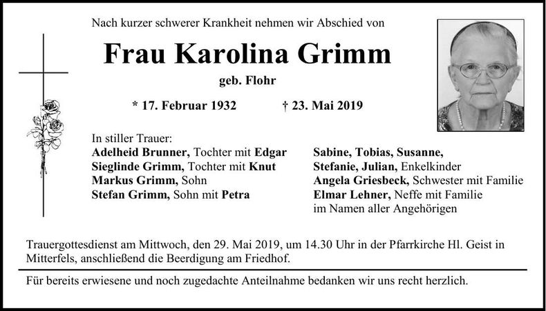 Traueranzeige Karolina Grimm