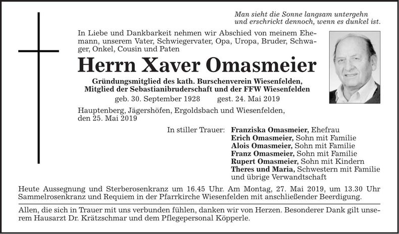Traueranzeige Xaver Omasmeier