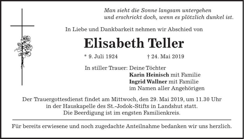 Traueranzeige Elisabeth Teller