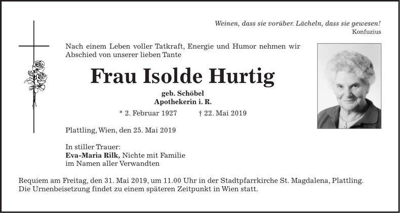 Traueranzeige Isolde Hurtig