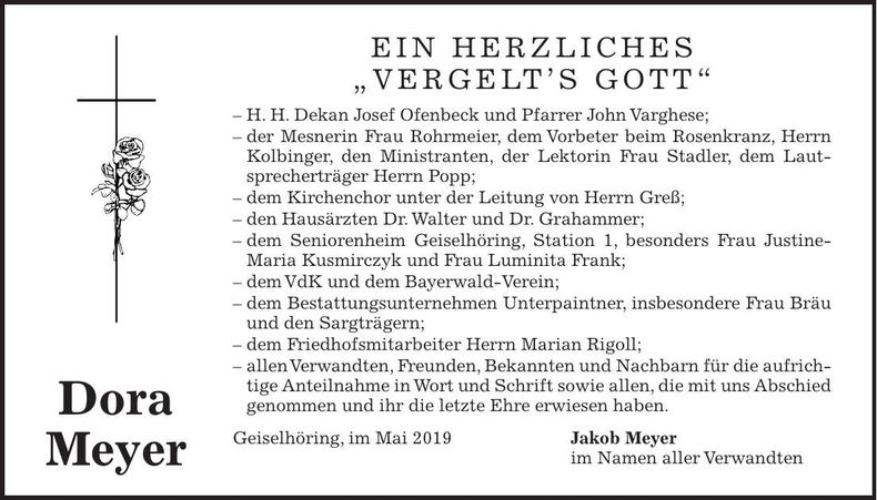 Traueranzeige Dora Meyer