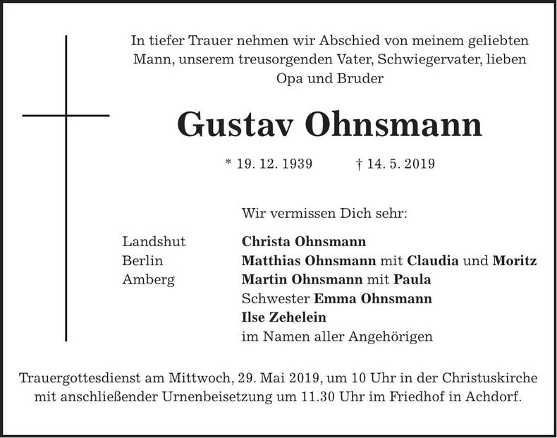 Traueranzeige Gustav Ohnsmann
