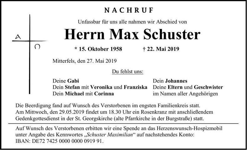 Traueranzeige Max Schuster
