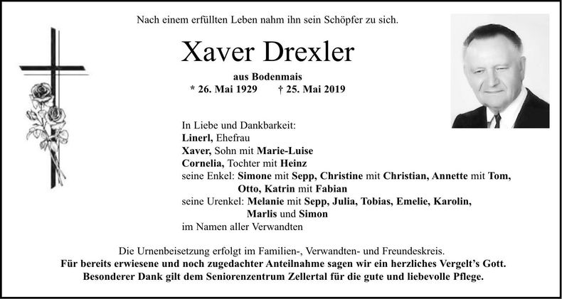 Traueranzeige Xaver Drexler