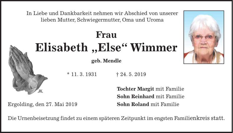 Traueranzeige Elisabeth Wimmer