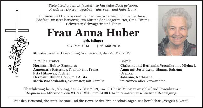 Traueranzeige Anna Huber