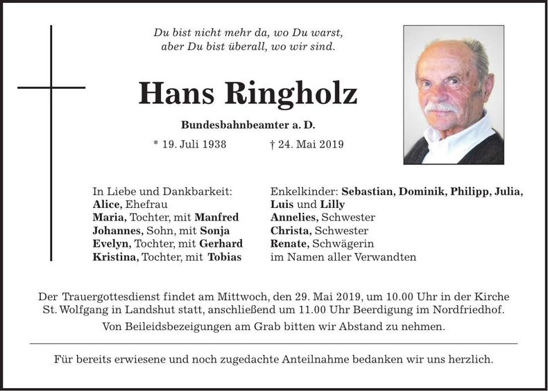 Traueranzeige Hans Ringholz